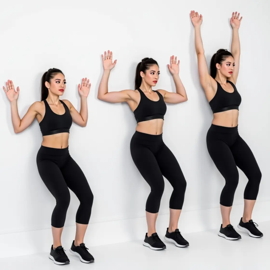 female in 3 sequential poses of the components to performing a wall angel