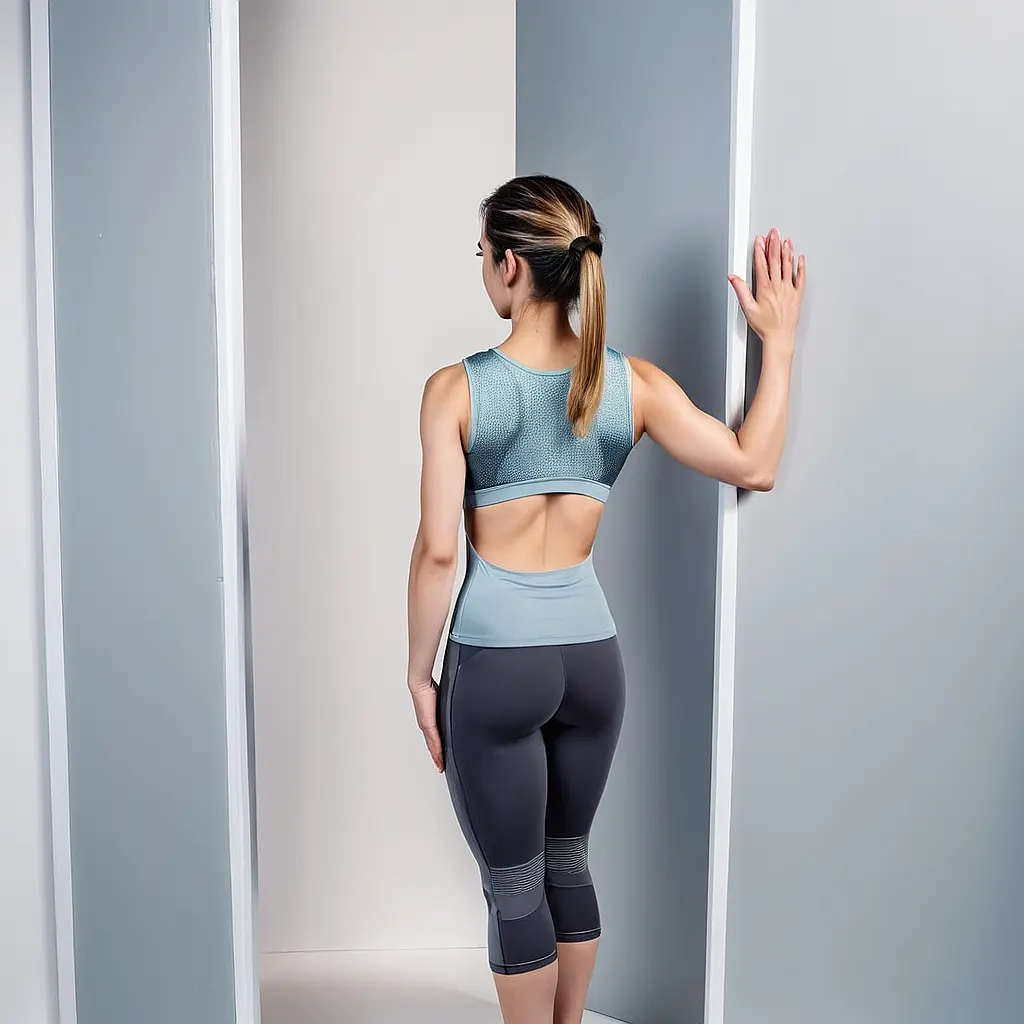 woman performing a pec stretch in a doorway
